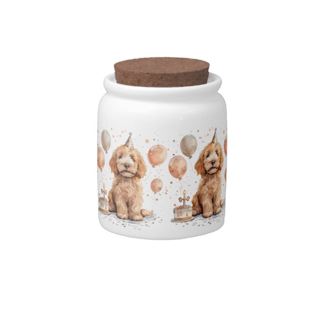 Birthday Goldendoodle Dog Birthday Cake Candy Jar (Front)