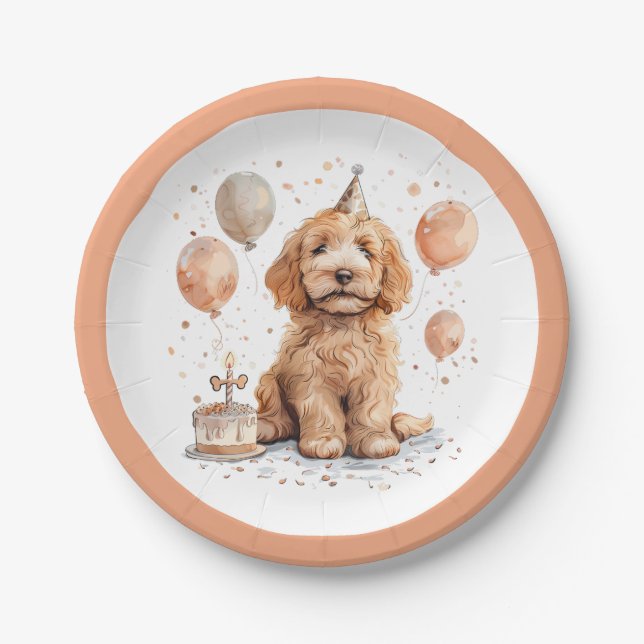 Birthday Goldendoodle Dog Birthday Cake Paper Plates (Front)