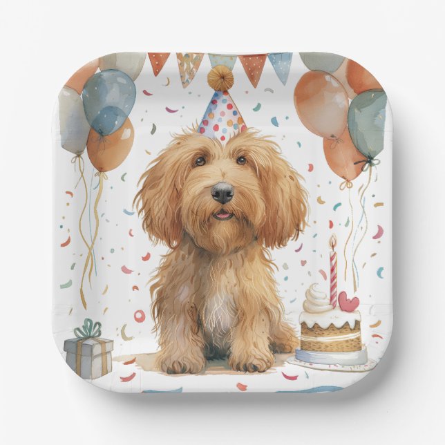 Birthday Goldendoodle Dog Paper Plates (Front)