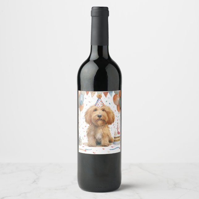 Birthday Goldendoodle Dog Wine Label (Front)