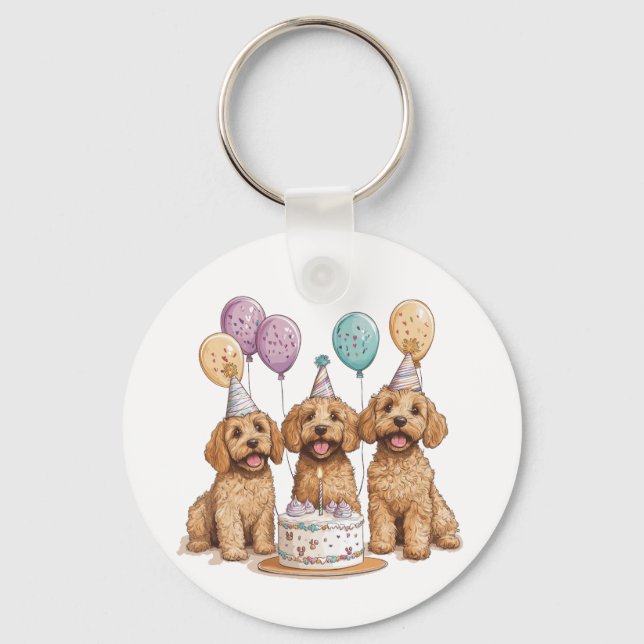 Birthday Goldendoodle Dogs Birthday Cake Keychain (Front)