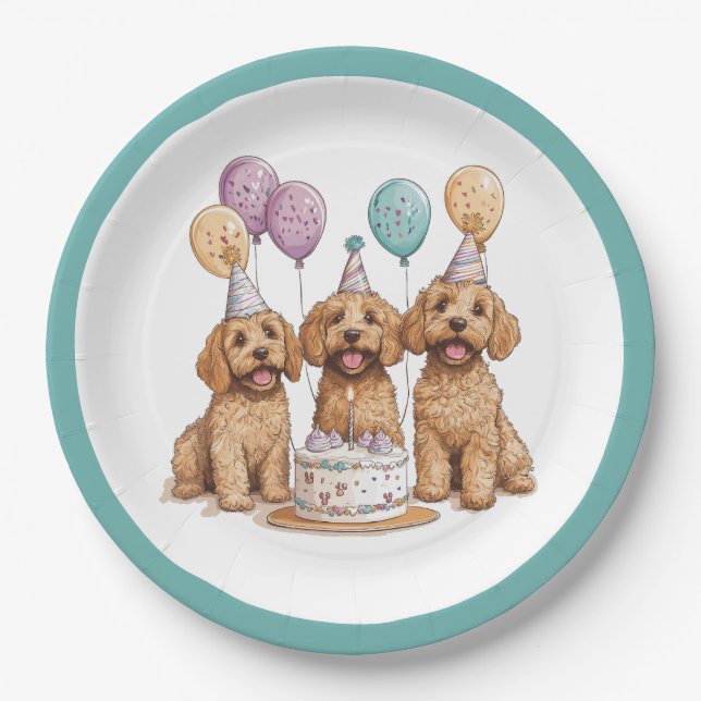 Birthday Goldendoodle Dogs Birthday Cake Paper Plates (Front)
