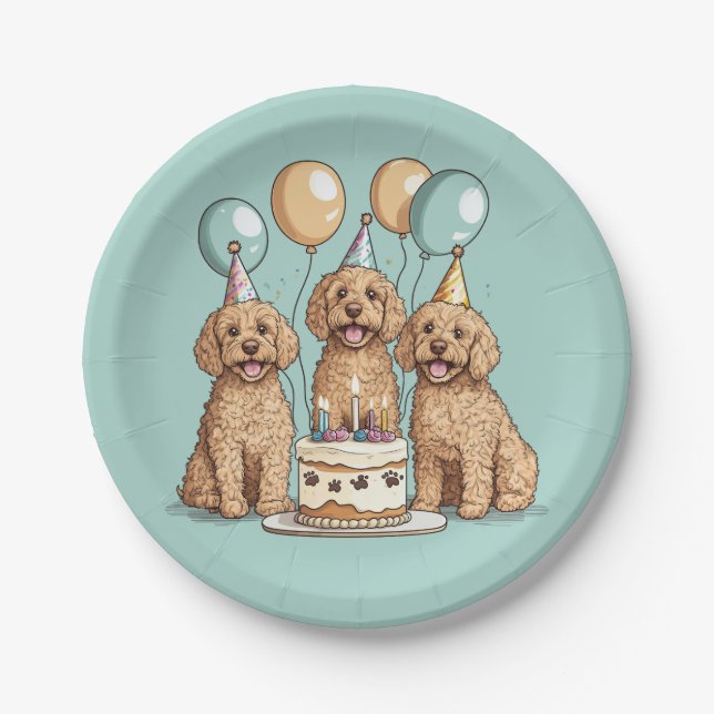 Birthday Goldendoodle Dogs Paper Plates (Front)