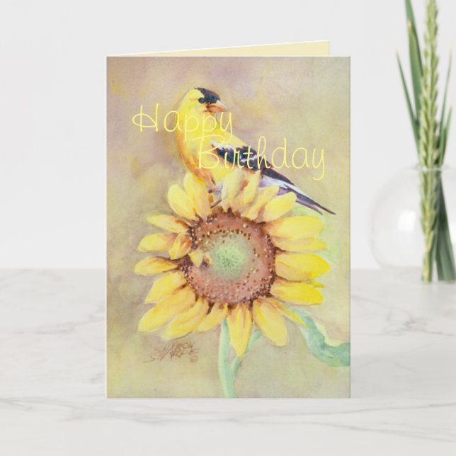 BIRTHDAY GOLDFINCH AND SUNFLOWER  by SHARON SHARPE Card (Front)