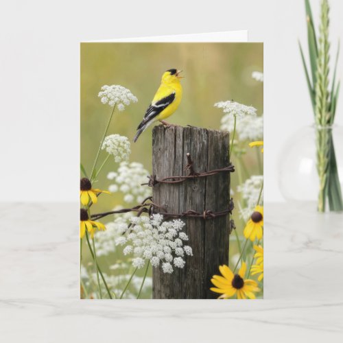 Birthday Goldfinch Singing on a Fence Post Card
