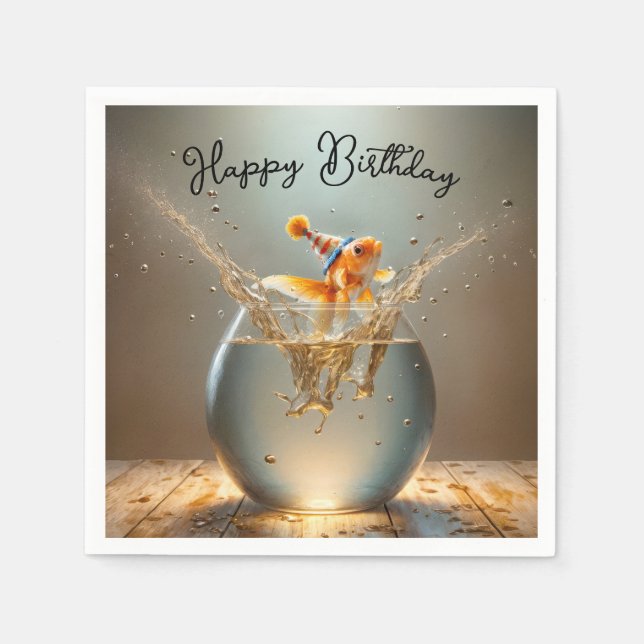 Birthday Goldfish Jumping Out of Fishbowl Napkins (Front)