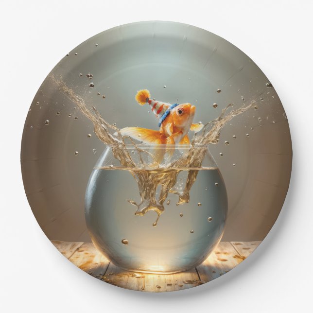 Birthday Goldfish Jumping Out of Fishbowl Paper Plates (Front)