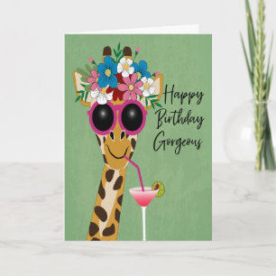 Birthday Gorgeous Giraffe with Flowers and Sunglas Card