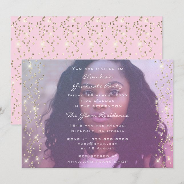 Birthday Graduate Party Photo Pink Gold Invitation (Front/Back)