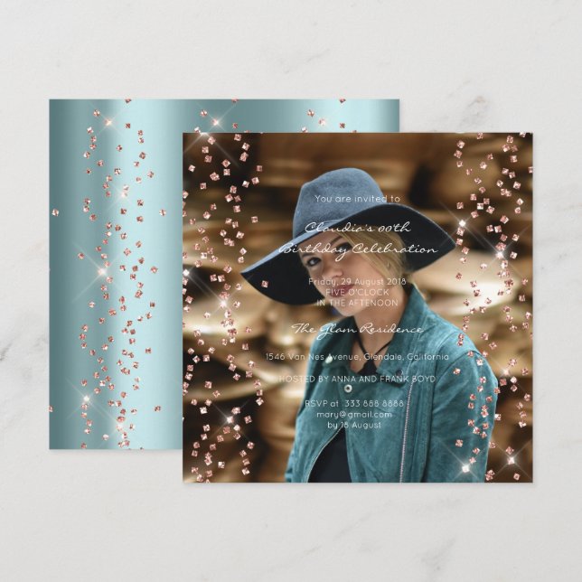 Birthday Graduation Spark Foto Confetti Rose Blue Invitation (Front/Back)