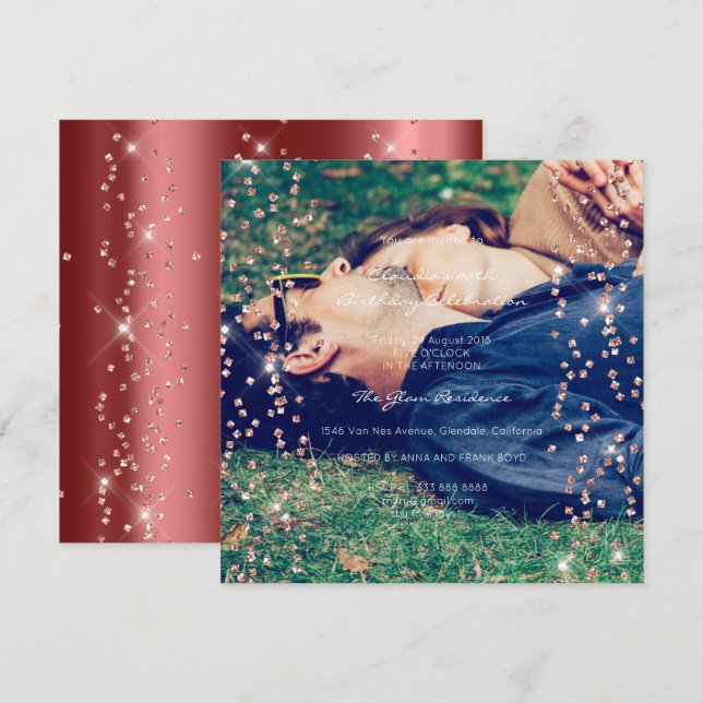 Birthday Graduation Spark Foto Confetti Rose Maroo Invitation (Front/Back)