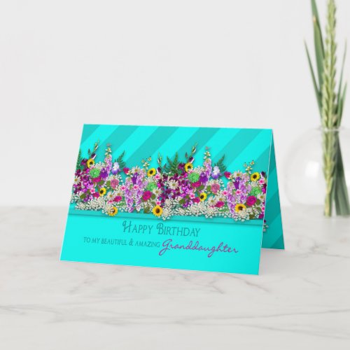 Birthday Granddaught Garden Flowers Aqua Stripe Card