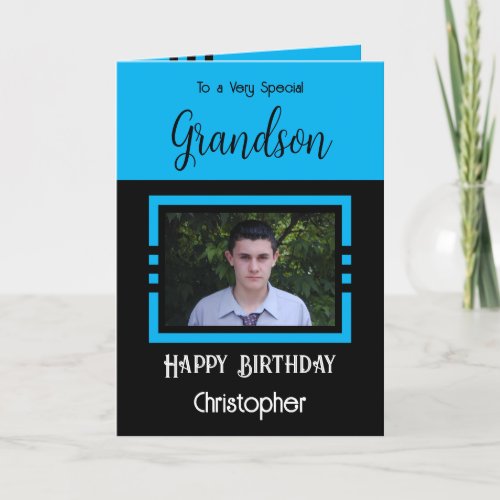 Birthday Grandson add photo name blue black Card
