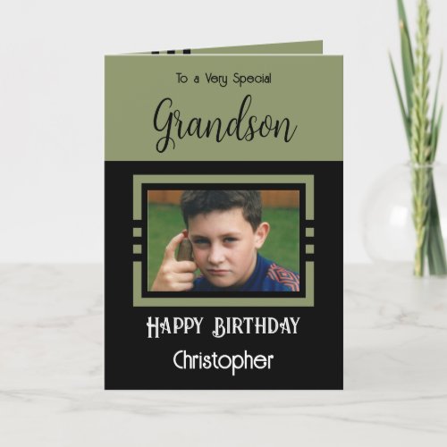 Birthday Grandson add photo name green black Card