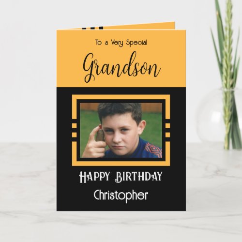 Birthday Grandson add photo name orange black Card