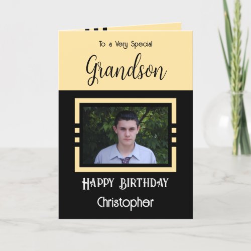 Birthday Grandson add photo name yellow black Card