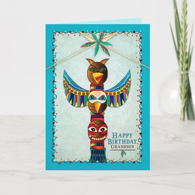 Birthday, Grandson, American Indian Totem Pole, Card (Front)