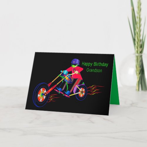 Birthday Grandson Biker on Motorcycle Vivid Color Card