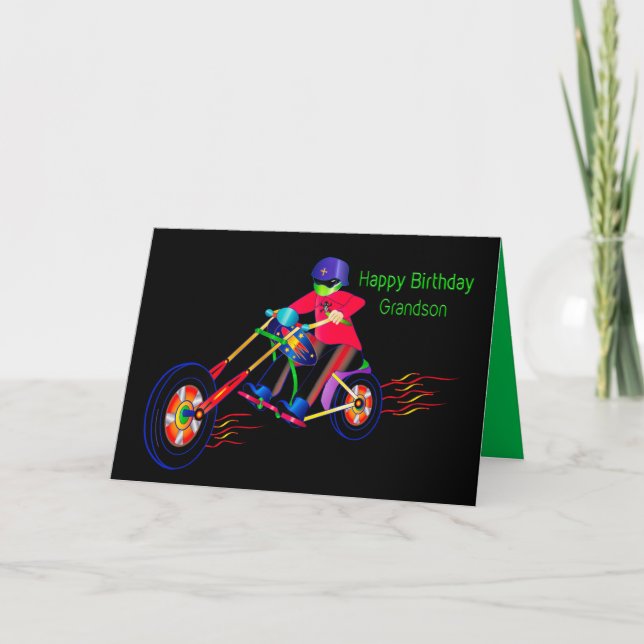 Birthday Grandson, Biker on Motorcycle Vivid Color Card (Front)