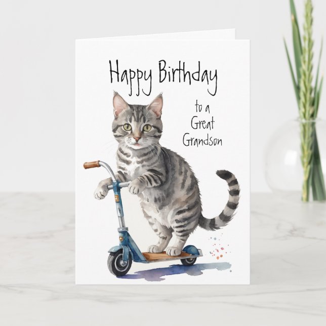 Birthday Grandson Fun Cute Cat on Kick Scooter Card (Front)