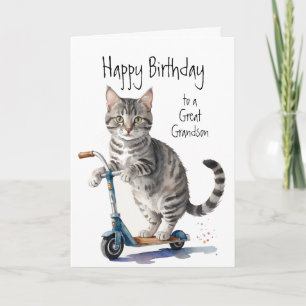 Birthday Grandson Fun Cute Cat on Kick Scooter Card