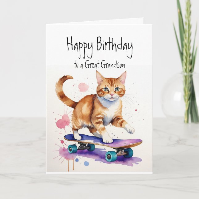Birthday Grandson Fun Cute Cat on Skateboard Card (Front)