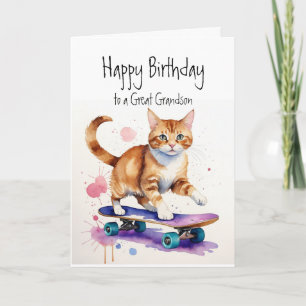 Birthday Grandson Fun Cute Cat on Skateboard Card
