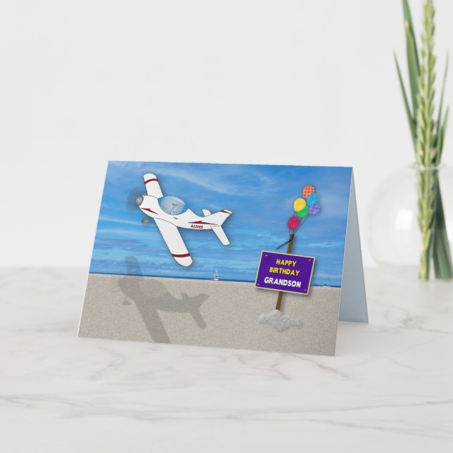 Birthday Grandson Pilot Flying Plane Over Beach Card (Front)