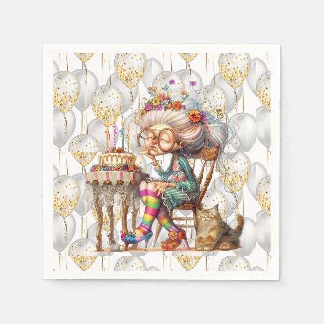 Birthday Granny With Party Balloons Napkins (Front)