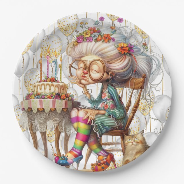 Birthday Granny With Party Balloons Paper Plates (Front)