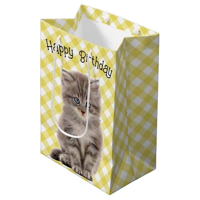Birthday Gray Kitten On Gingham Medium Gift Bag (Front Angled)