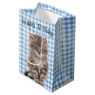 Birthday Gray Kitten On Gingham Medium Gift Bag