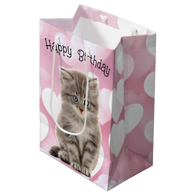 Birthday Gray Kitten On Hearts Medium Gift Bag (Front Angled)