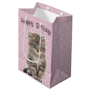 Birthday Gray Kitten On Polka Dots Medium Gift Bag