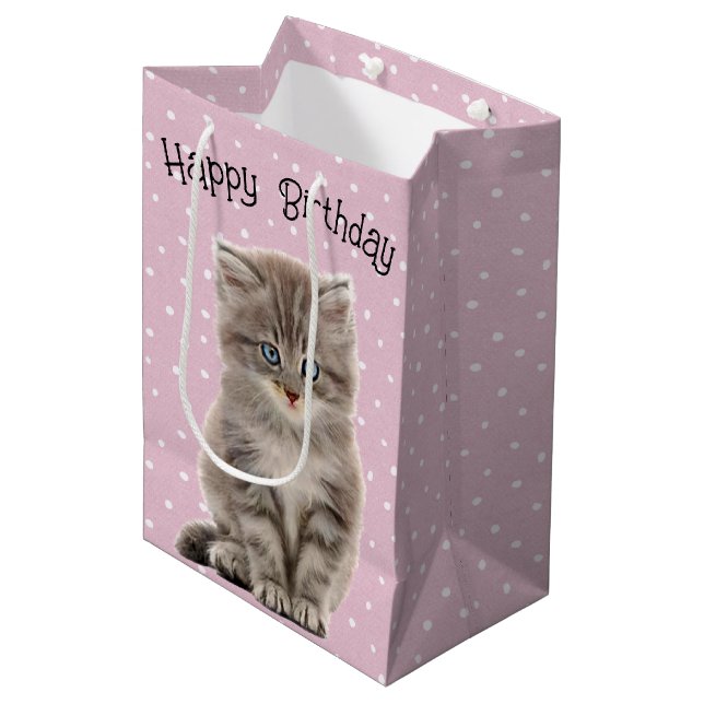 Birthday Gray Kitten On Polka Dots Medium Gift Bag (Front Angled)