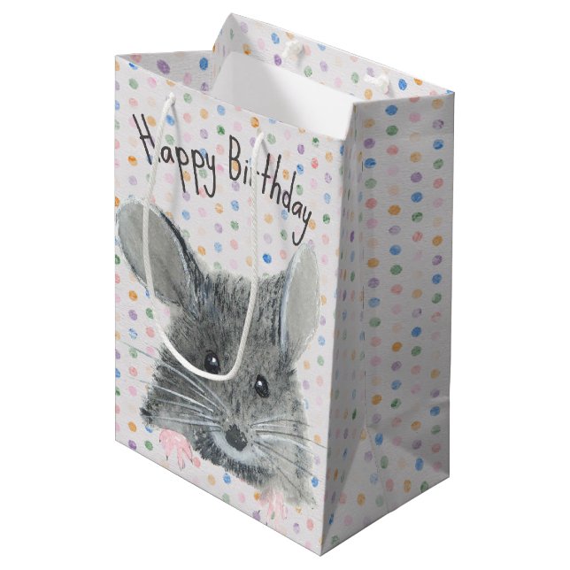 Birthday Gray Mouse On Dots Medium Gift Bag (Front Angled)