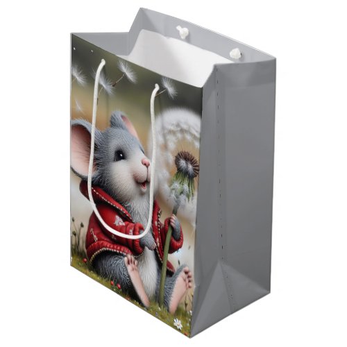Birthday Gray Mouse With Fluffy Dandelion Medium Gift Bag
