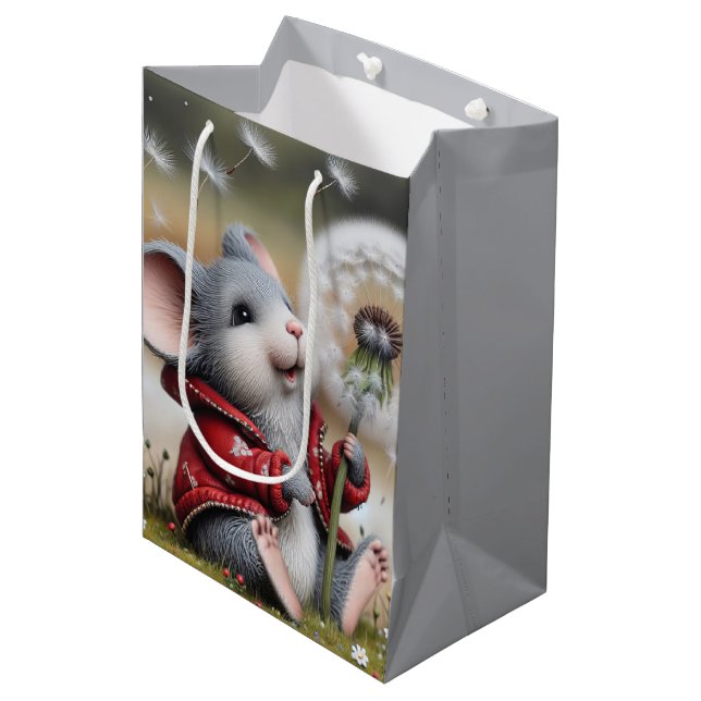 Birthday Gray Mouse With Fluffy Dandelion Medium Gift Bag (Front Angled)
