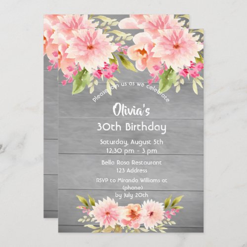 Birthday gray wood blush florals rustic invitation