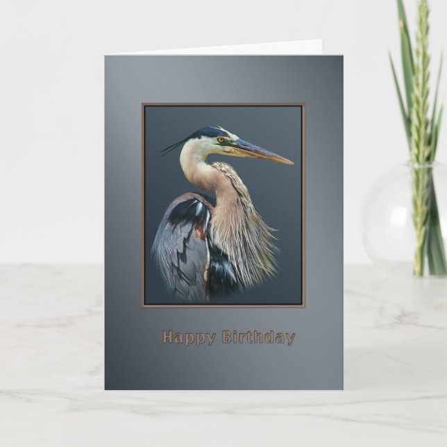 Birthday, Great Blue Heron Bird in Silver and Gray Card (Front)