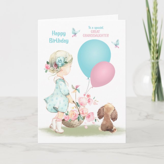 Birthday Great Granddaughter Girl with Puppy Card (Front)