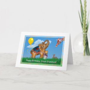 Birthday, Great Grandson, Elephant, Giraffe Card