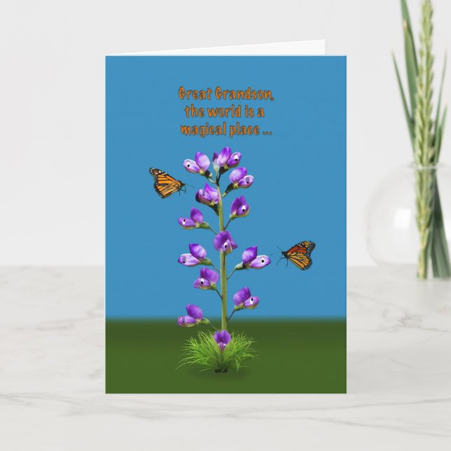 Birthday, Great Grandson, Flowers and Butterflies Card (Front)