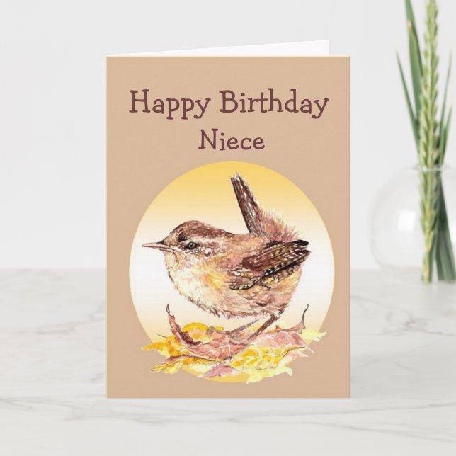 Birthday Great Niece Watercolor Wren Bird Card (Front)
