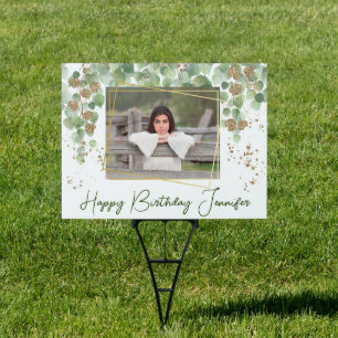 Birthday Green and Gold Willow Leaves Photo  Sign