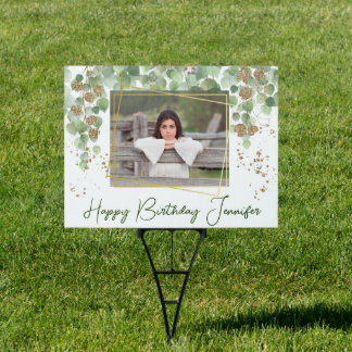 Birthday Green and Gold Willow Leaves Photo  Sign