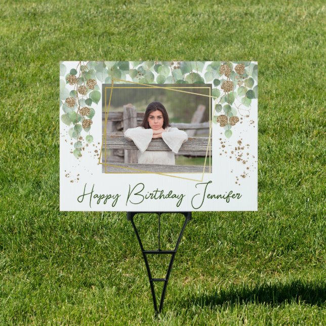 Birthday Green and Gold Willow Leaves Photo  Sign (Insitu)