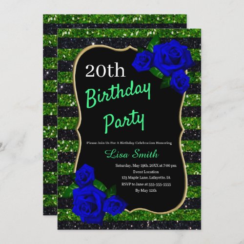 Birthday Green Black Stripe Glitter Deep Blue Rose Invitation