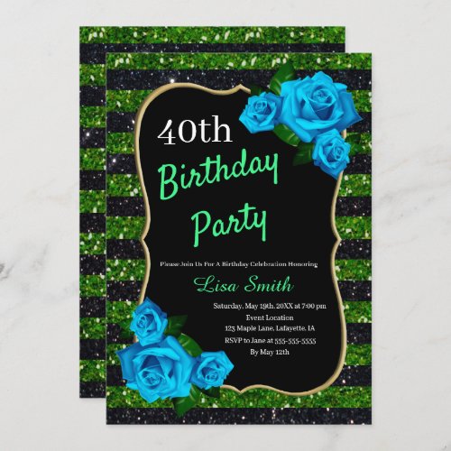 Birthday Green Black Stripes Glitter Blue Roses Invitation