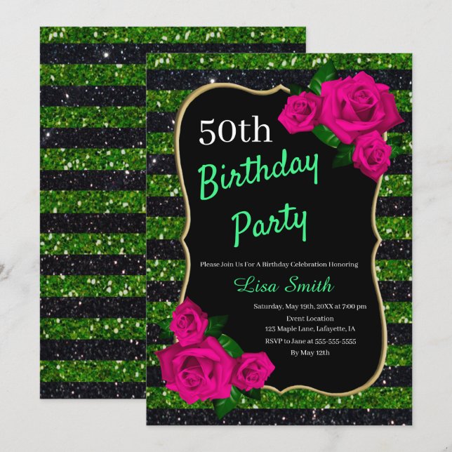 Birthday Green Black Stripes Glitter Pink Roses Invitation (Front/Back)
